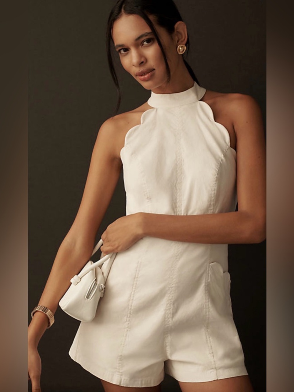 Anthropologie Fully Lined Scallop Halter Cream/Light Khaki Romper, Size 14, NWT
